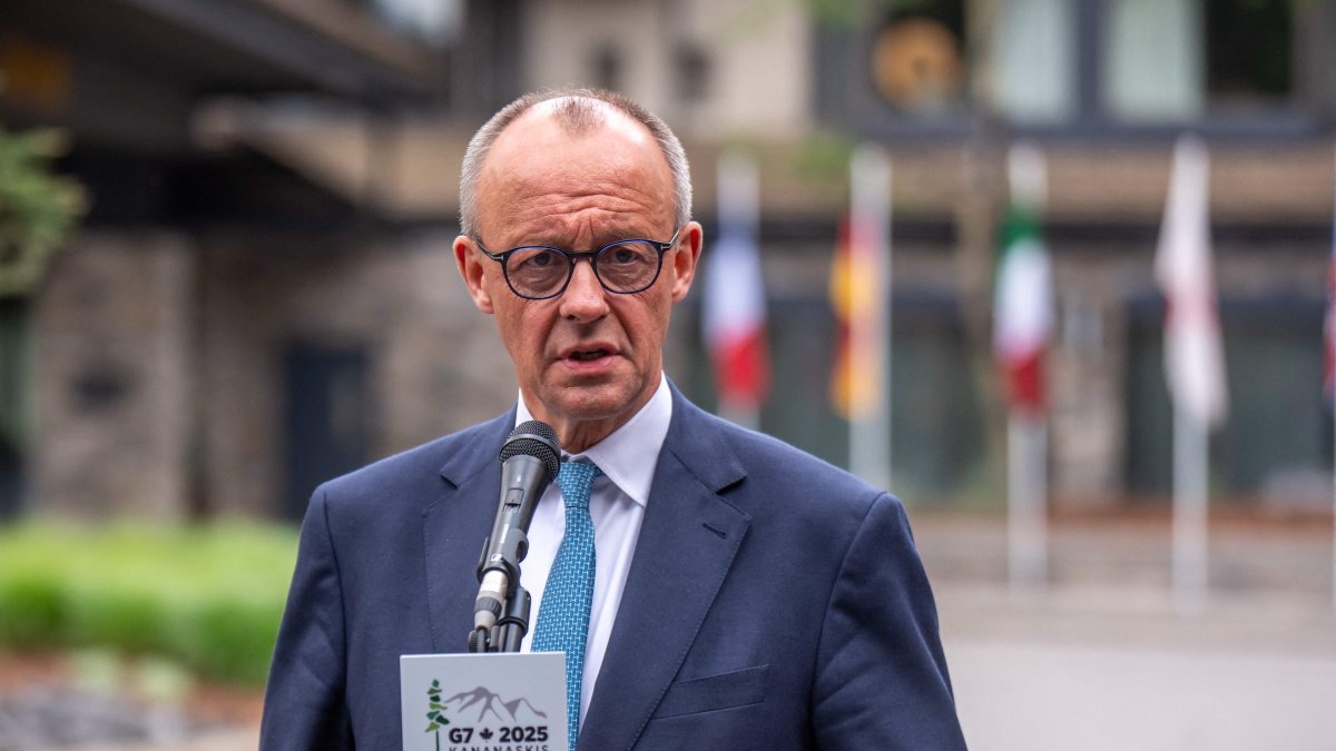 German Chancellor Friedrich Merz gives a statement at the end of the Group of Seven (G7) Summit at the Pomeroy Kananaskis Mountain Lodge in Kananaskis, Alberta, Canada, June 17, 2025. (AFP Photo)