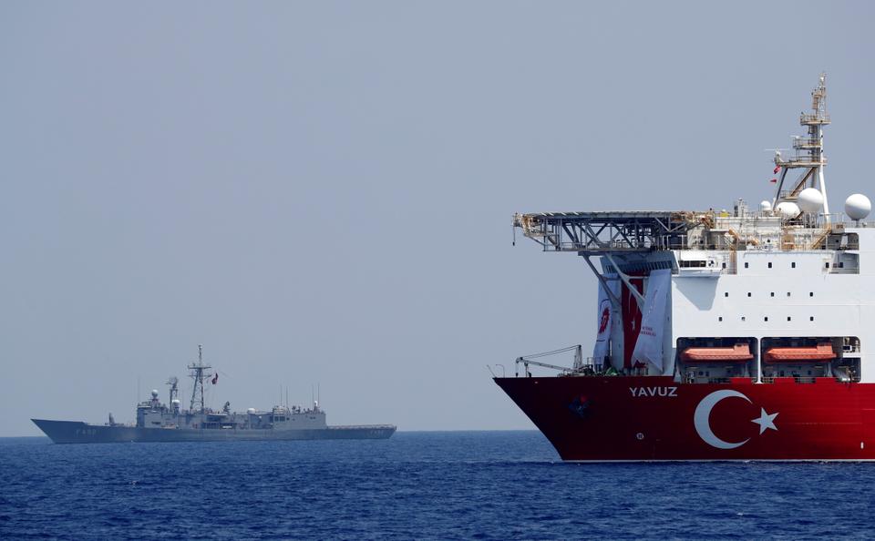 Turkish drilling vessel Yavuz is escorted by Turkish Navy frigate TCG Gemlik (F-492) in the eastern Mediterranean Sea off Cyprus island, August 6, 2019.