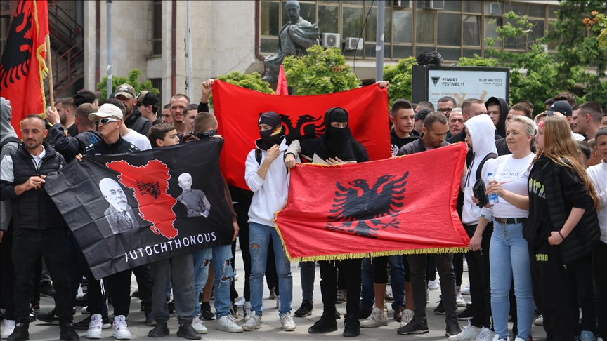 Dozens of ethnic Albanians hold counter-protest against Serbs in Kosovo