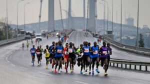 The marathon – the only one in the world that covers two continents - started on the Asian side of Istanbul before crossing the Bosphorus strait to the European side on Sunday.