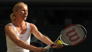 This file photo taken on July 2, 2010 shows Czech Republic's Jana Novotna during a ladies' invitation doubles match in the Wimbledon Tennis Championships at the All England Tennis Club, in southwest London.