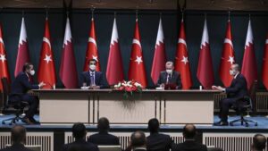 Turkish President Recep Tayyip Erdogan (2nd R) and Qatari Emir Sheikh Tamim bin Hamad Al Thani (2nd L) attend the signing ceremony between two countries at the Presidential Complex in Ankara, Turkey on November 26, 2020.