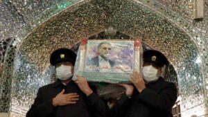 Irani officers carry coffin of assassinated nuclear scientist Mohsen Fakhrizadeh during his funeral procession in the northeastern city of Mashhad, Iran, November 29, 2020.