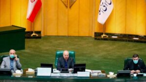 A handout picture provided by the Islamic Consultative Assembly News Agency on November 29, 2020, shows parliament speaker Mohammad-Bagher Ghalibaf (C) chairing a closed session to investigate the killing of Mohsen Fakhrizadeh.