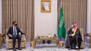 White House senior adviser Jared Kushner (L) meets Saudi Crown Prince Mohammed Bin Salman (R) during his visit to Riyadh, Saudi Arabia, September 1, 2020.