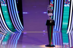 The trophy stands on the stage during the final draw for the UEFA Euro 2024 in Hamburg, Germany, Dec. 2, 2023. (AFP Photo)