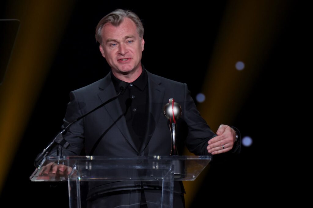 Christopher Nolan received the National Association of Theatre Owners' Spirit of the Industry Award at the CinemaCon Big Screen Achievement Awards, Las Vegas, Nevada, U.S. April, 27, 2023. (Getty Images Photo)