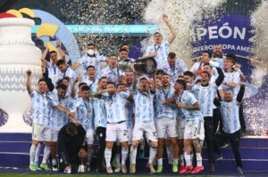 Argentina players celebrate after winning the final of Copa America Brazil 2021 against Brazil at Maracana Stadium, Rio de Janeiro, Brazil, July 10, 2021. (Getty Images Photo)